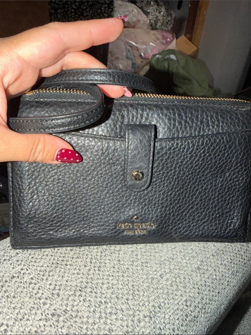 kate spade Black Pebbled Leather Crossbody Wallet with Gold Hardware